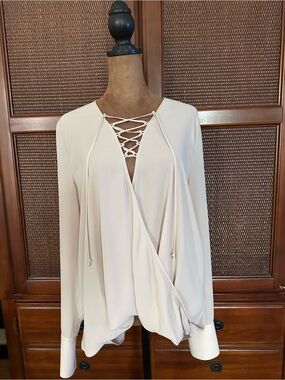 belk Cream Lace-Up Surplice Long Sleeve Blouse